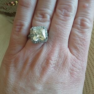 Silver Toned Large Princess Cushion Cut Simulated Yellow Diamond. Size 6.5